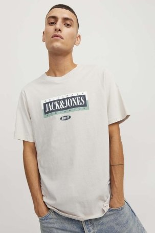 Jack & Jones Erkek Jorcobın Baskı ve Yazı Detaylı Bisiklet Yaka T-Shirt 12250411 Taş - 1