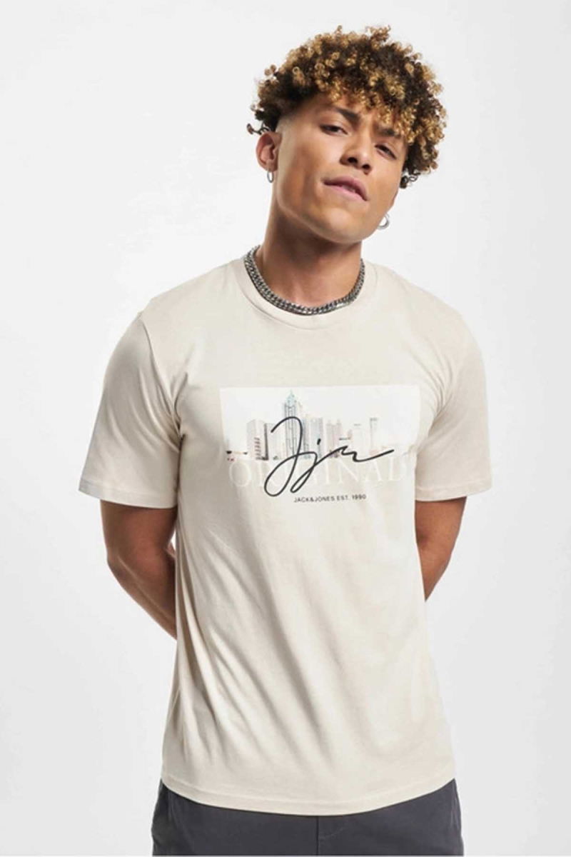 Jack & Jones Erkek Jorjoshua Baskı Detaylı Bisiklet Yaka T-Shirt 12228257 Taş - 3