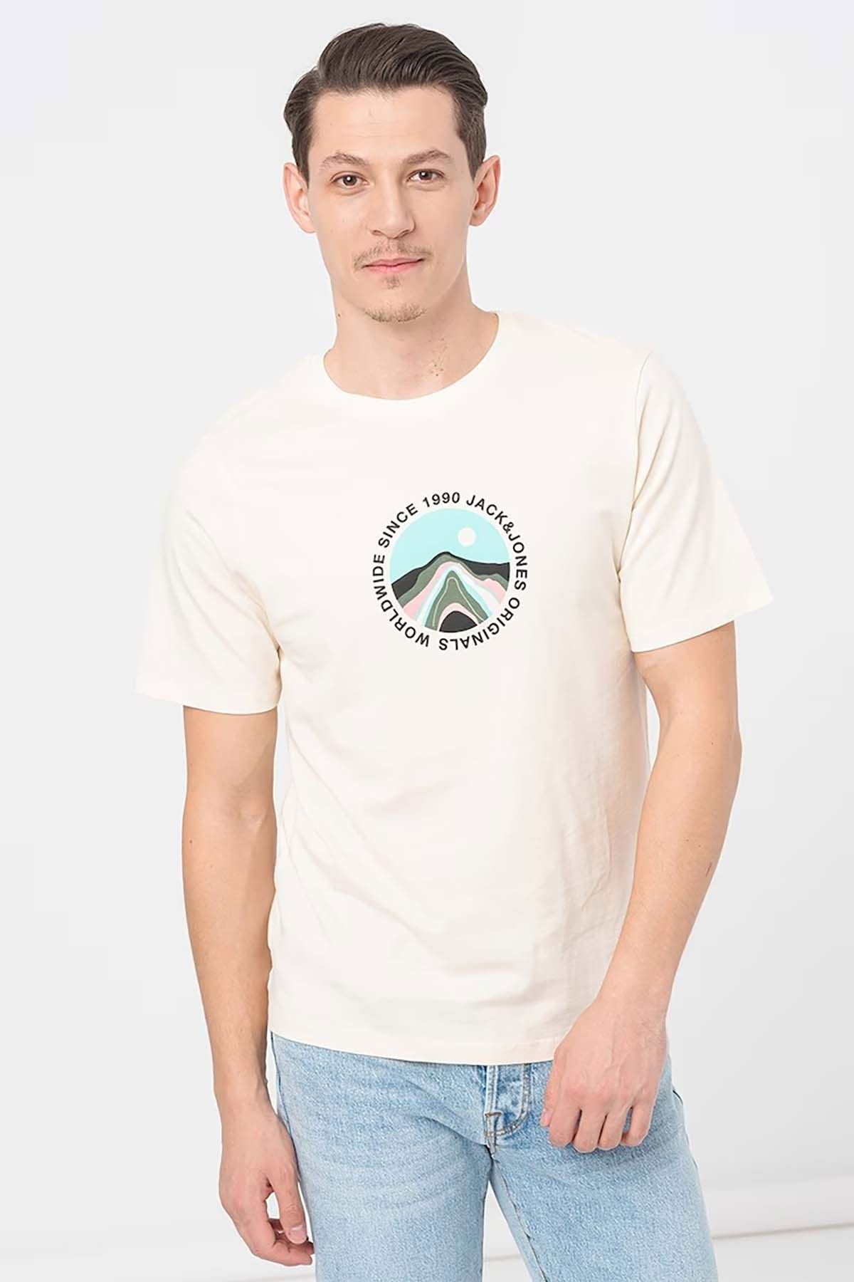 Jack & Jones Erkek Jorlafayette Baskı Detaylı Bisiklet Yaka %100 Pamuk T-Shirt 12255640 Bej - 1