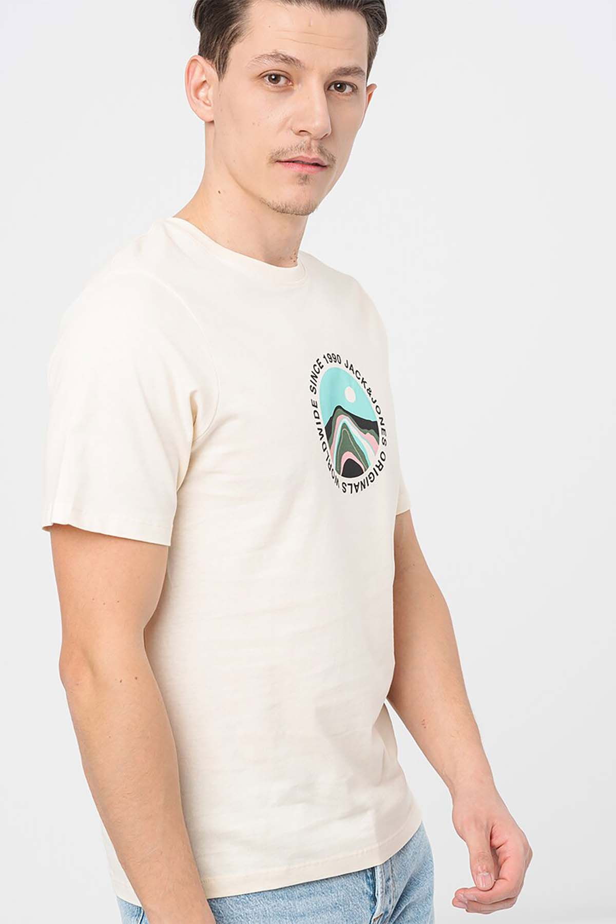Jack & Jones Erkek Jorlafayette Baskı Detaylı Bisiklet Yaka %100 Pamuk T-Shirt 12255640 Bej - 2