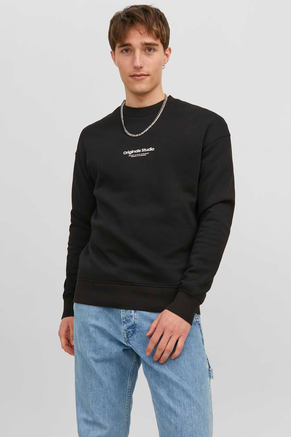 Jack & Jones Erkek Jorvesterbro Yazı Detaylı Bisiklet Yaka Sweatshirt 12241694 Siyah - 1