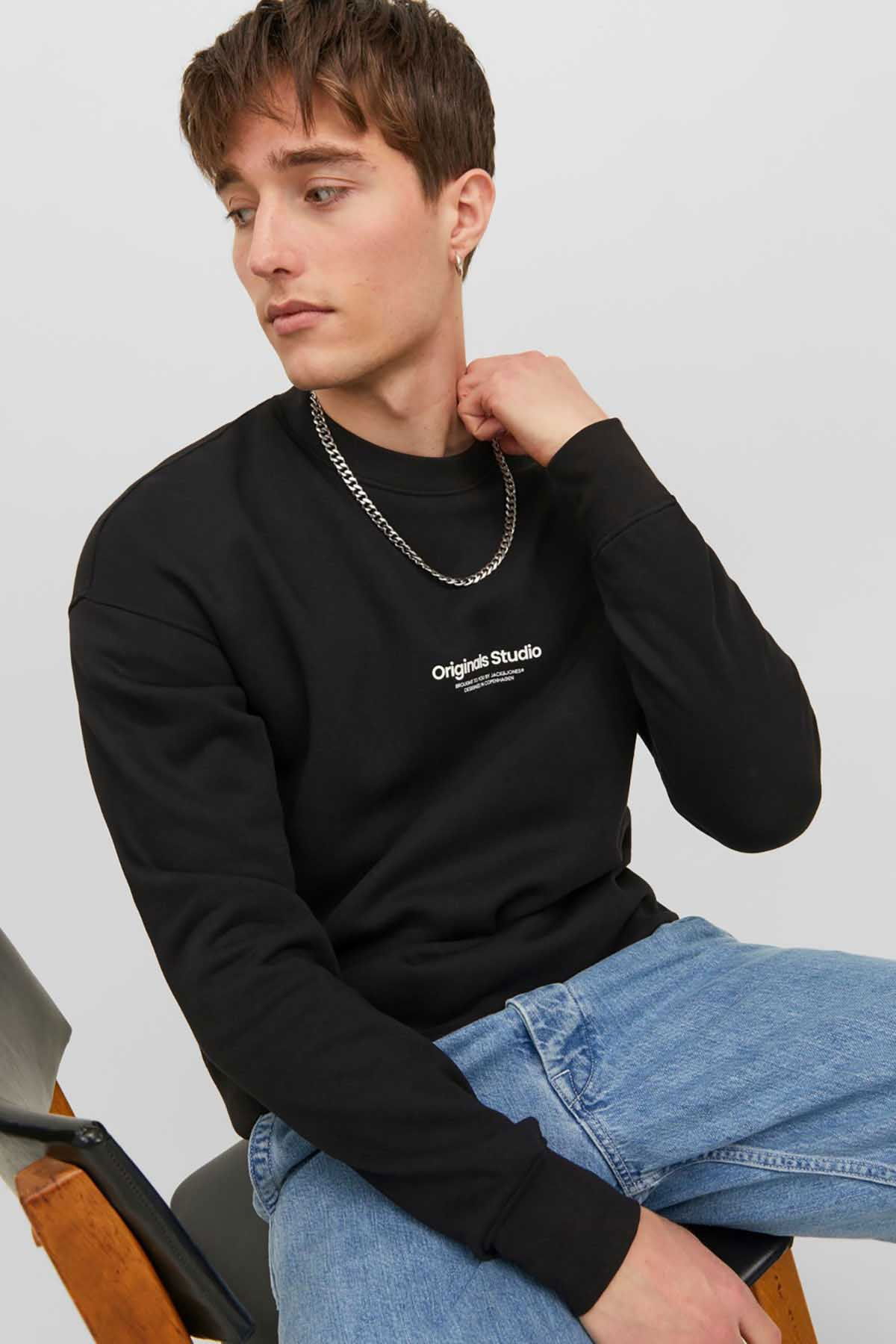 Jack & Jones Erkek Jorvesterbro Yazı Detaylı Bisiklet Yaka Sweatshirt 12241694 Siyah - 3