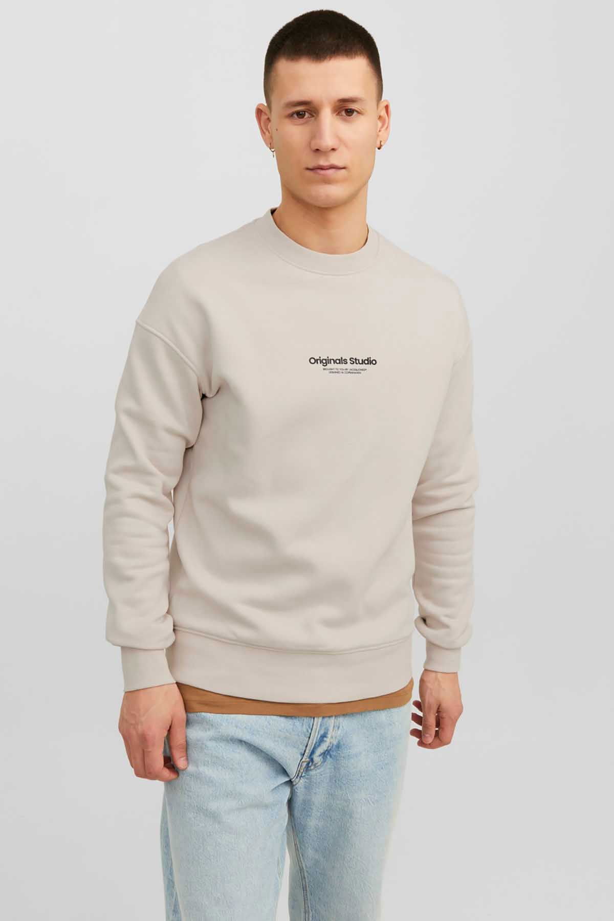 Jack & Jones Erkek Jorvesterbro Yazı Detaylı Bisiklet Yaka Sweatshirt 12241694 Taş - 1