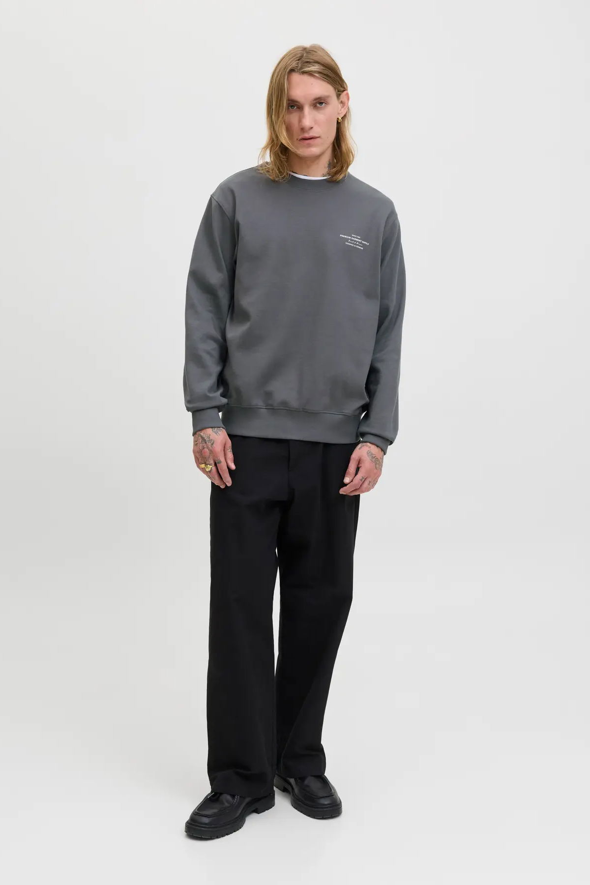 Jack & Jones Erkek Jprblachad Baskılı Bisiklet Yaka Sweatshirt 12261386 Füme - 1