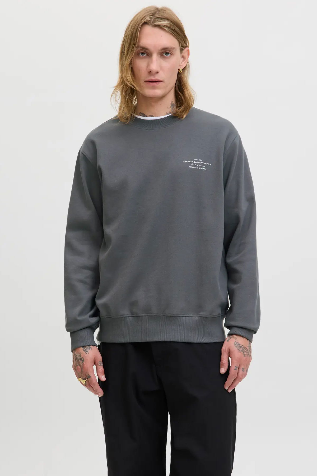 Jack & Jones Erkek Jprblachad Baskılı Bisiklet Yaka Sweatshirt 12261386 Füme - 2