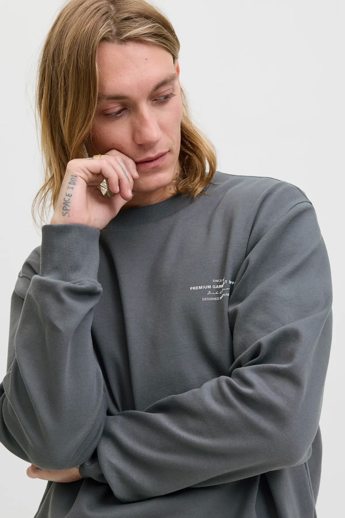 Jack & Jones Erkek Jprblachad Baskılı Bisiklet Yaka Sweatshirt 12261386 Füme - 3