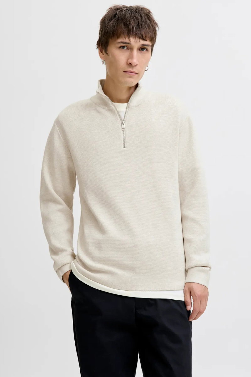 Jack & Jones Erkek Jprmılano Yarım Fermuarlı %100 Pamuk Örme Kazak 12259664 Krem - Jack & Jones