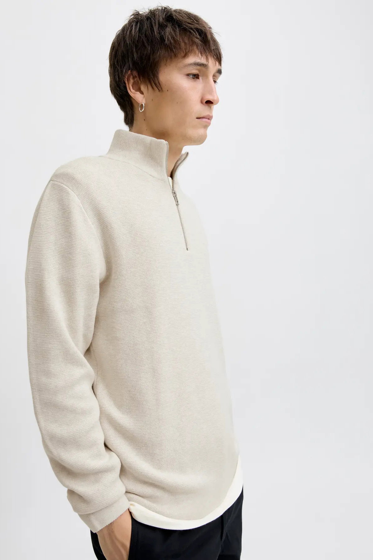Jack & Jones Erkek Jprmılano Yarım Fermuarlı %100 Pamuk Örme Kazak 12259664 Krem - 2