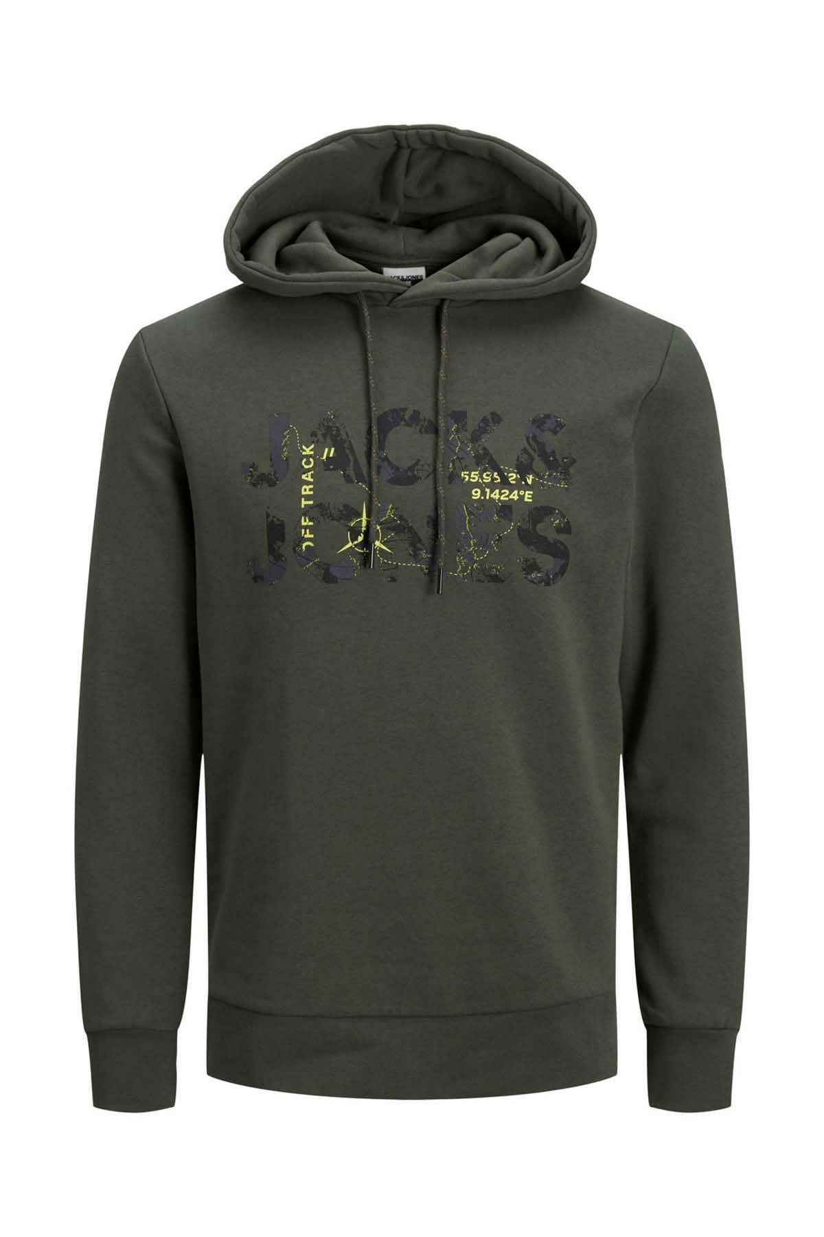 Jack & Jones Erkek Kapüşonlu Baskılı Sweatshirt 63412216242 Haki - 1