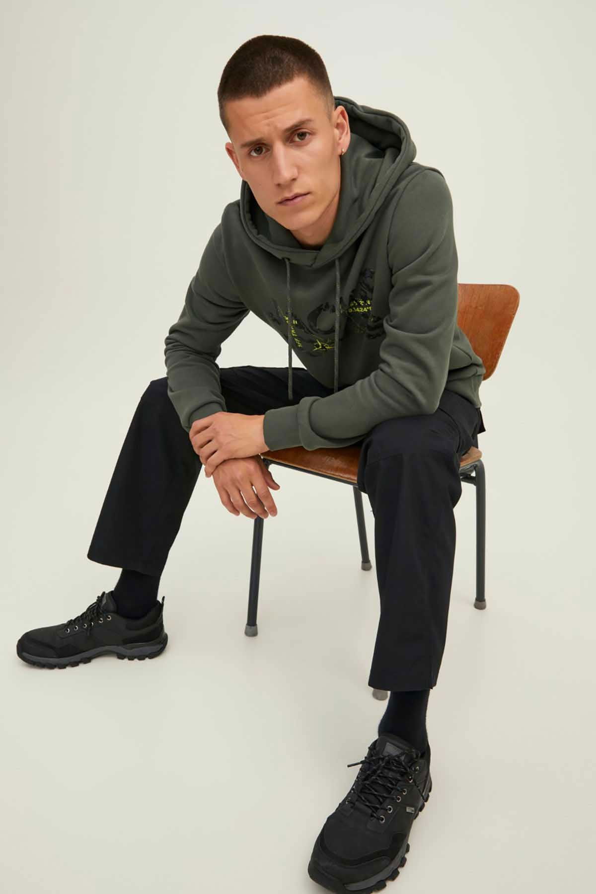 Jack & Jones Erkek Kapüşonlu Baskılı Sweatshirt 63412216242 Haki - 2