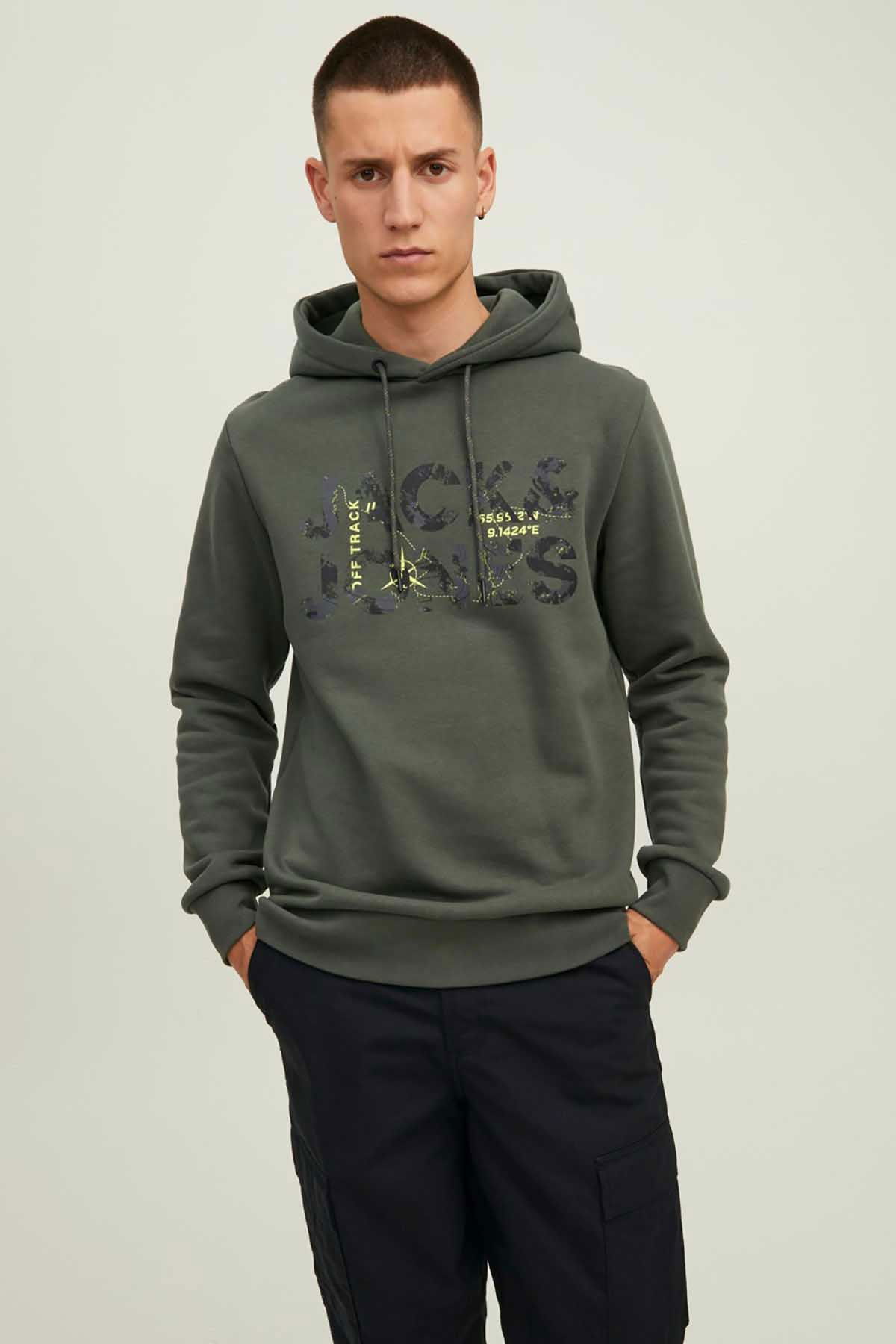 Jack & Jones Erkek Kapüşonlu Baskılı Sweatshirt 63412216242 Haki - 3