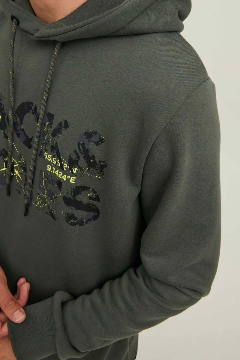 Jack & Jones Erkek Kapüşonlu Baskılı Sweatshirt 63412216242 Haki - 7