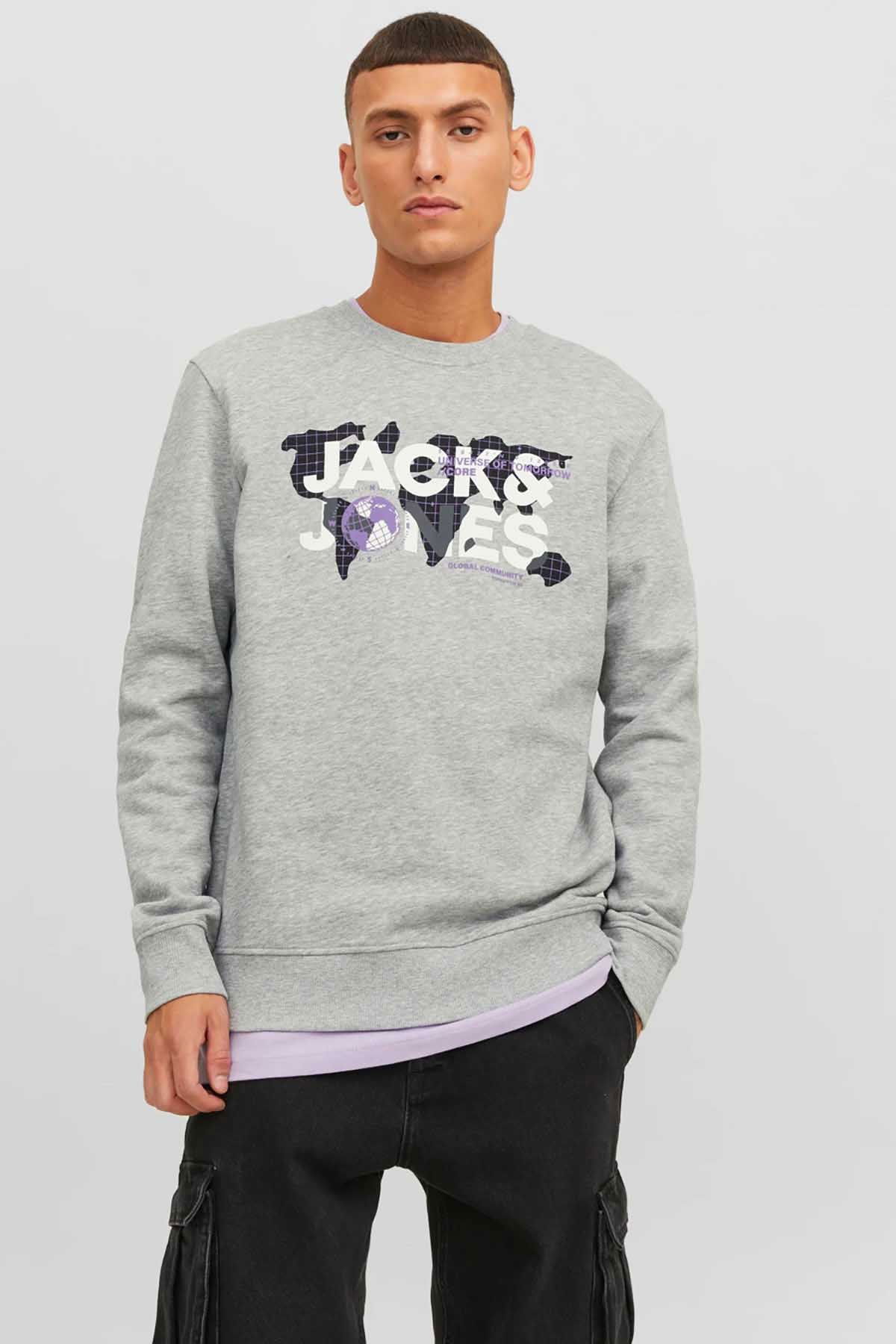 Jack & Jones Erkek Printed Bisiklet Yaka Sweatshirt 12240211 Açık Gri - 1