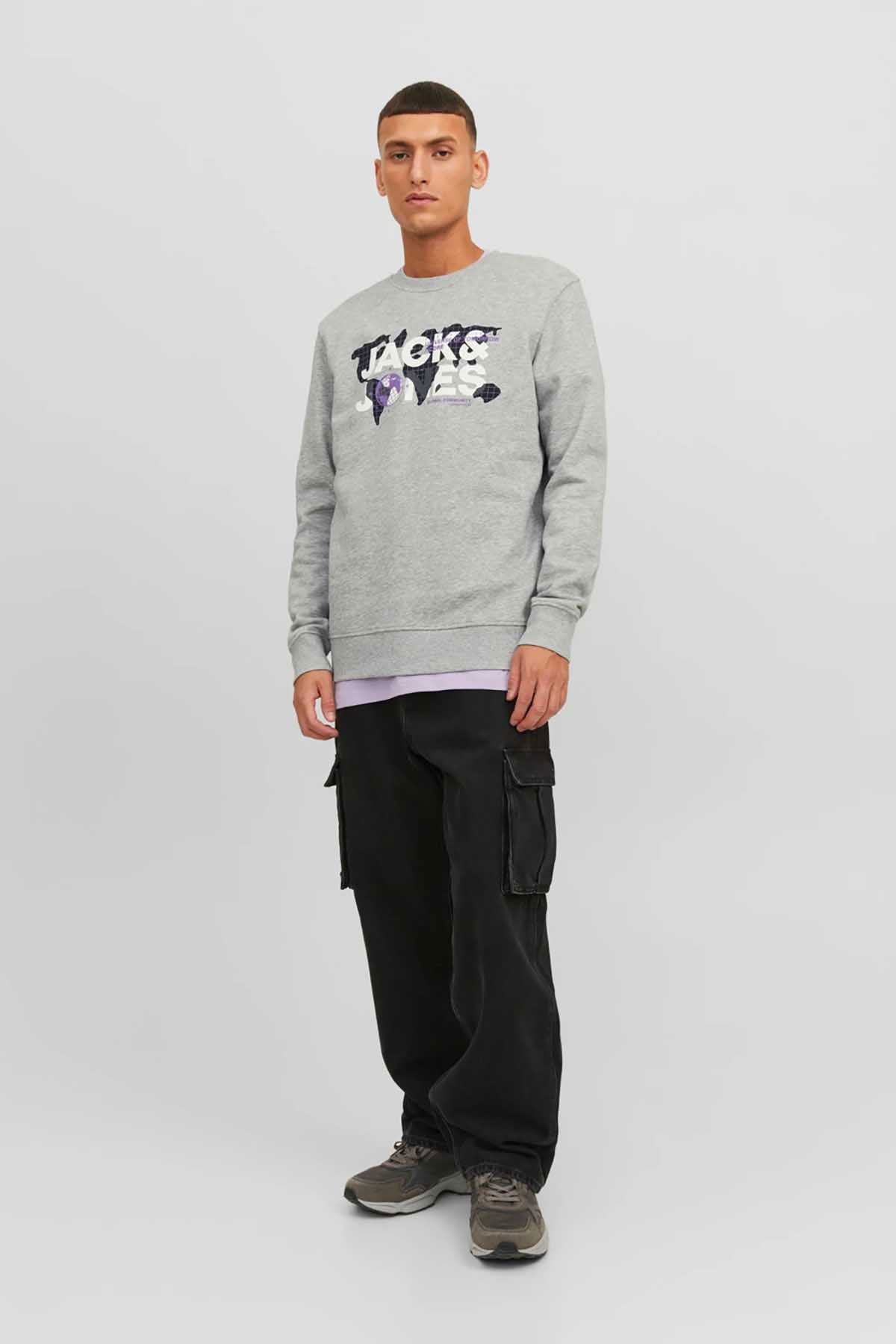 Jack & Jones Erkek Printed Bisiklet Yaka Sweatshirt 12240211 Açık Gri - 2