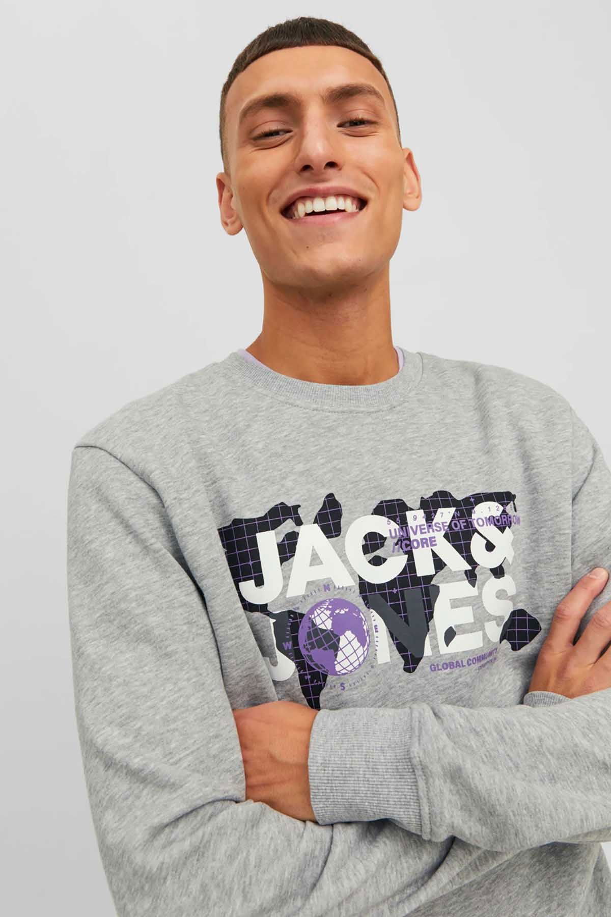 Jack & Jones Erkek Printed Bisiklet Yaka Sweatshirt 12240211 Açık Gri - 3