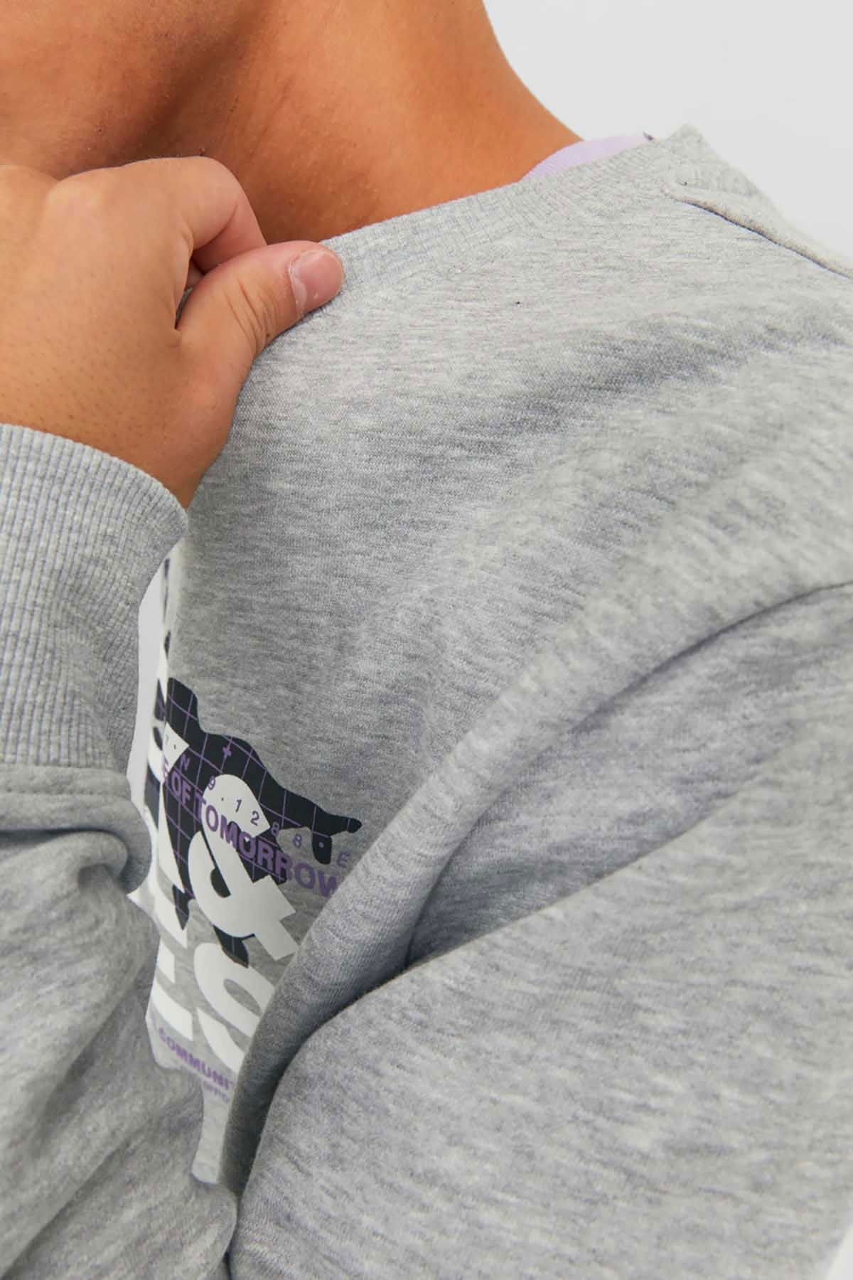 Jack & Jones Erkek Printed Bisiklet Yaka Sweatshirt 12240211 Açık Gri - 6