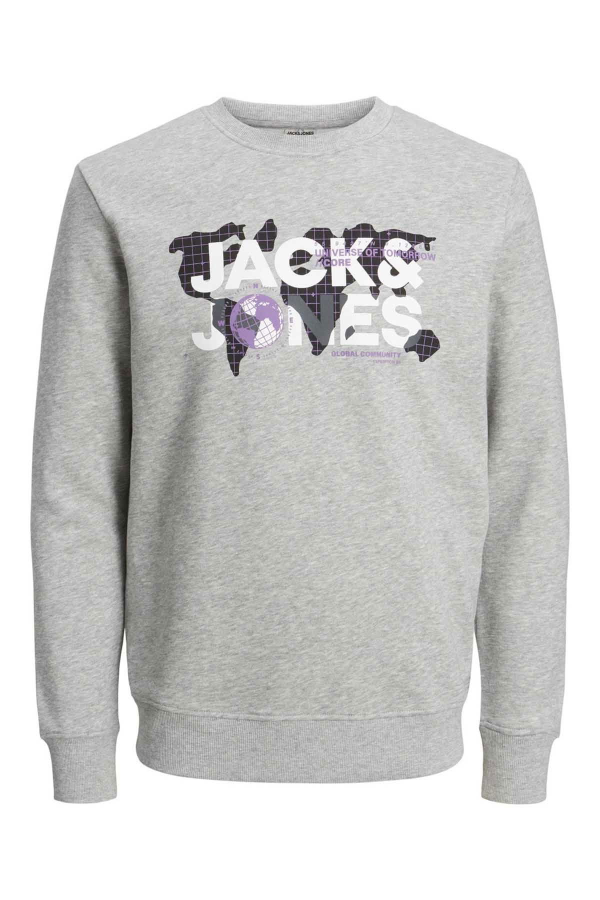 Jack & Jones Erkek Printed Bisiklet Yaka Sweatshirt 12240211 Açık Gri - 7