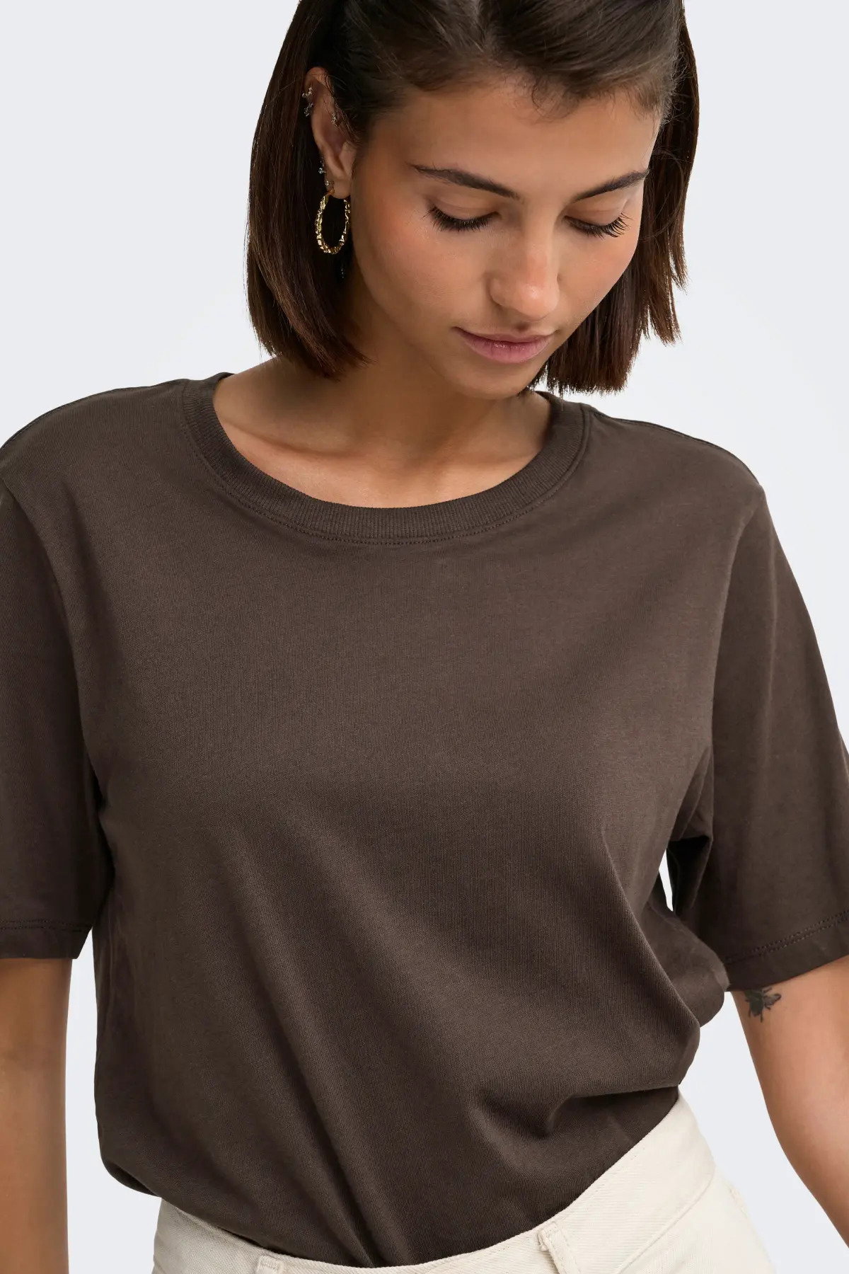 JDY Kadın Jdyrex Bisiklet Yaka %100 Pamuk T-Shirt 15344612 Kahverengi - 3