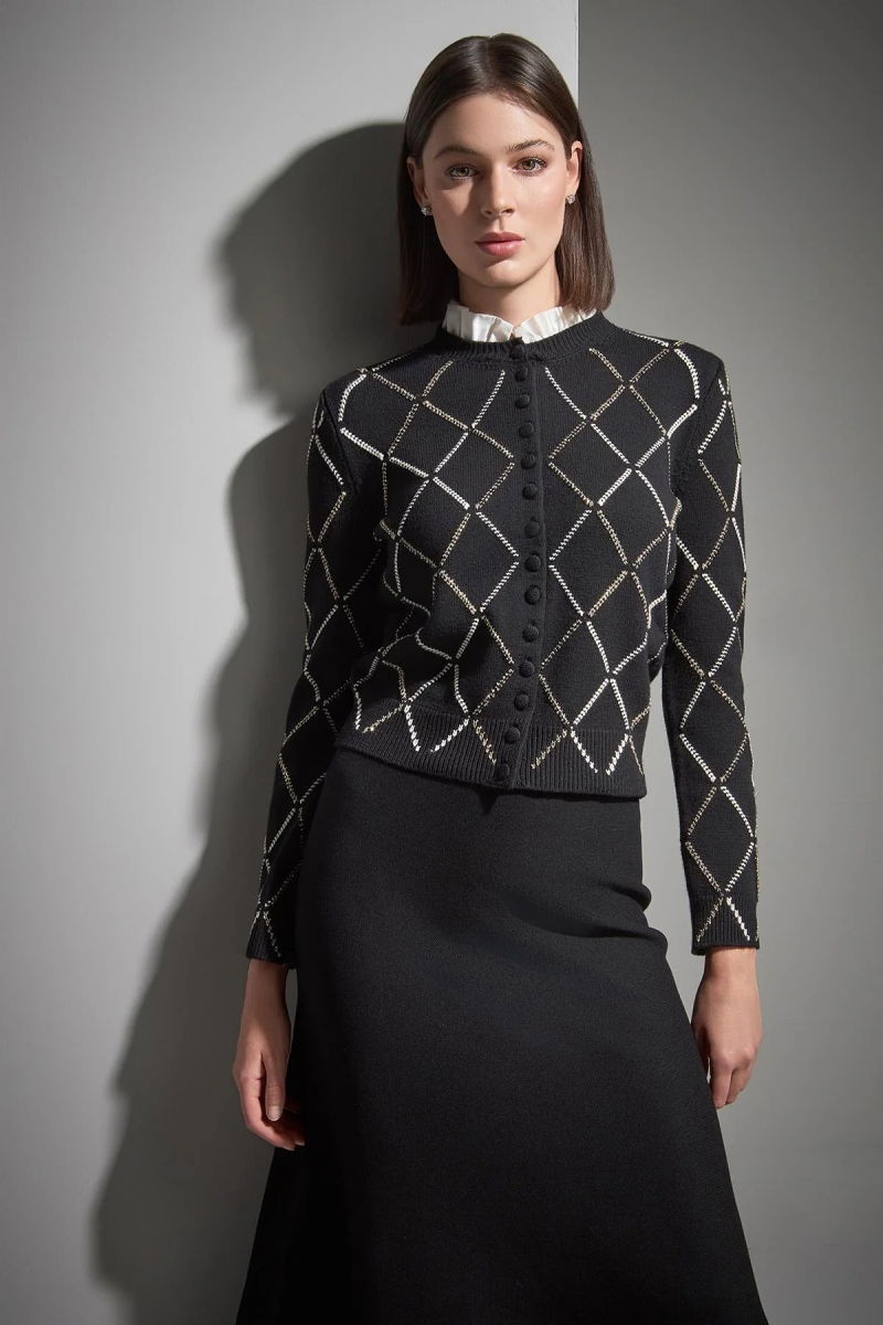 Join Us Kadın Baklava Desenli Kumaş Yaka Detaylı Triko Hırka W040 Siyah - 4