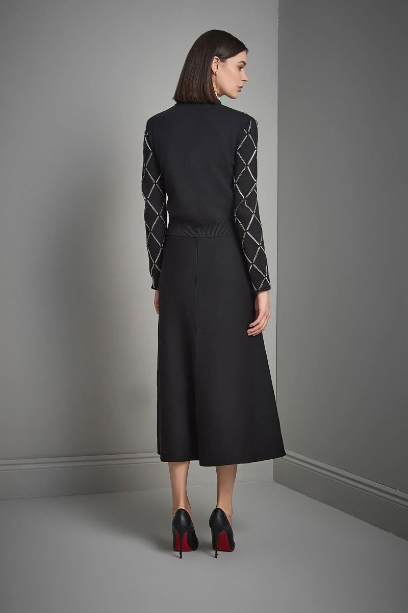 Join Us Kadın Baklava Desenli Kumaş Yaka Detaylı Triko Hırka W040 Siyah - 5