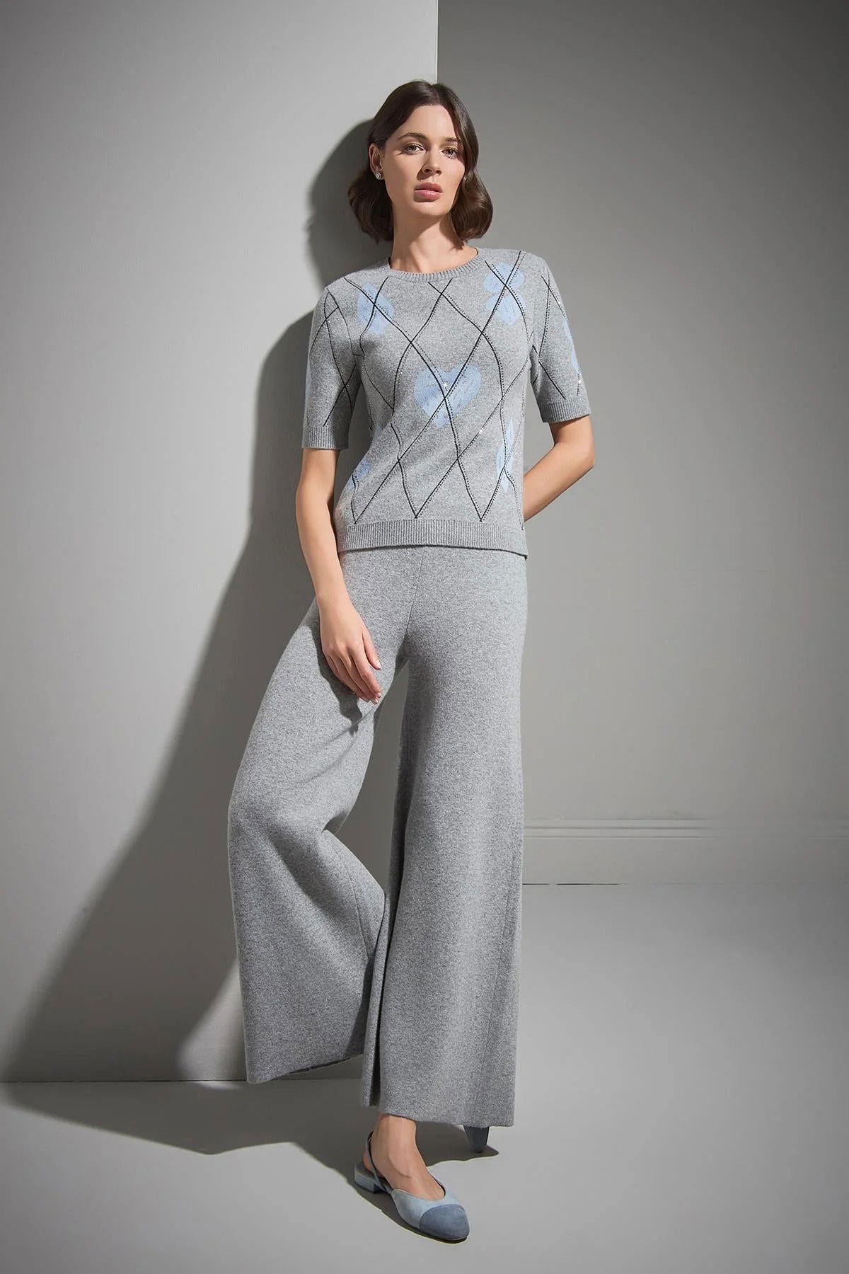 Join Us Kadın Baklava Desenli Taş Baskılı Triko Kazak W115 Gri - 2