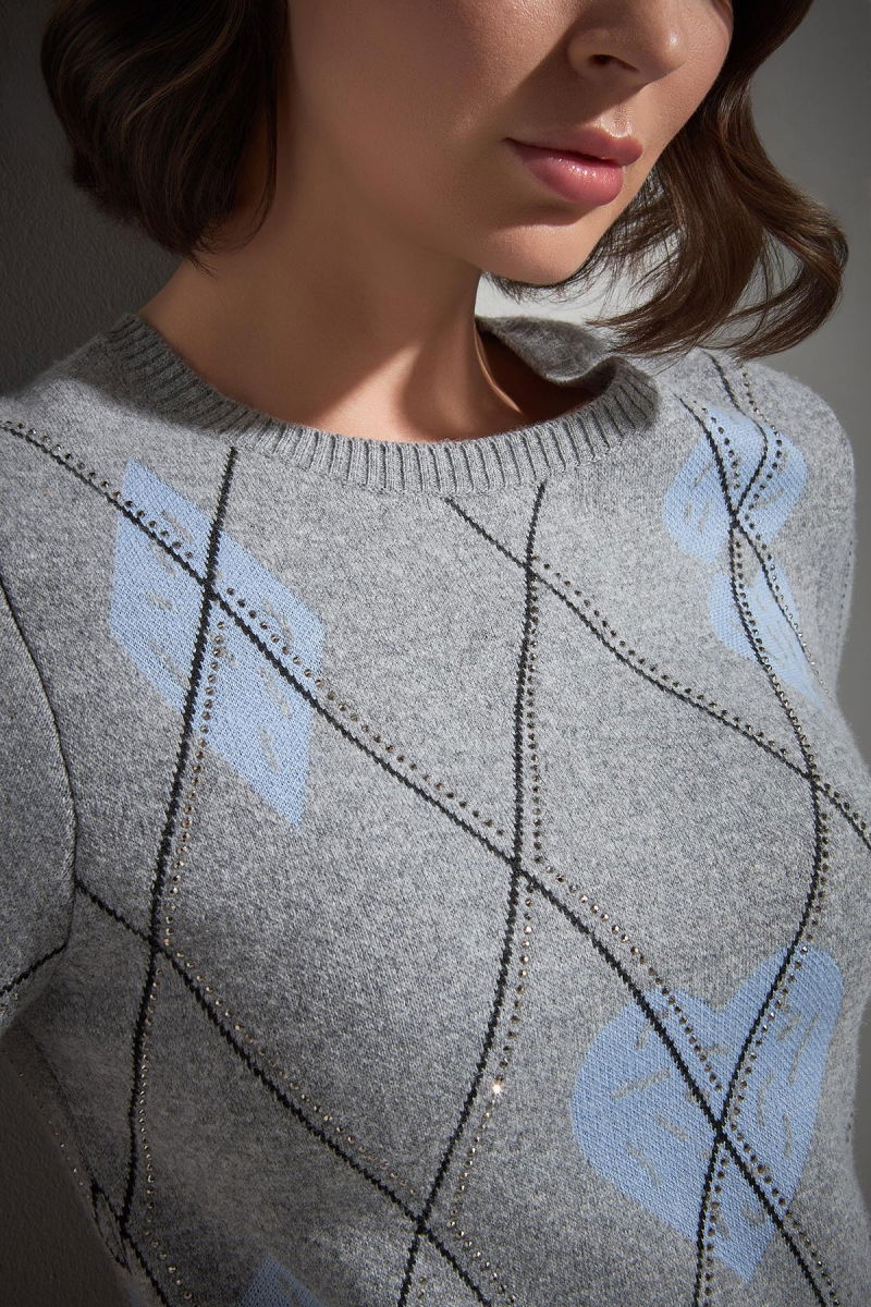 Join Us Kadın Baklava Desenli Taş Baskılı Triko Kazak W115 Gri - 3