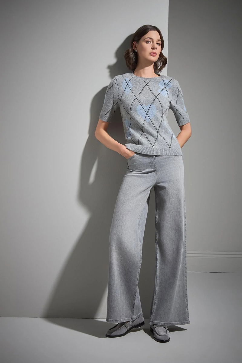 Join Us Kadın Baklava Desenli Taş Baskılı Triko Kazak W115 Gri - 4