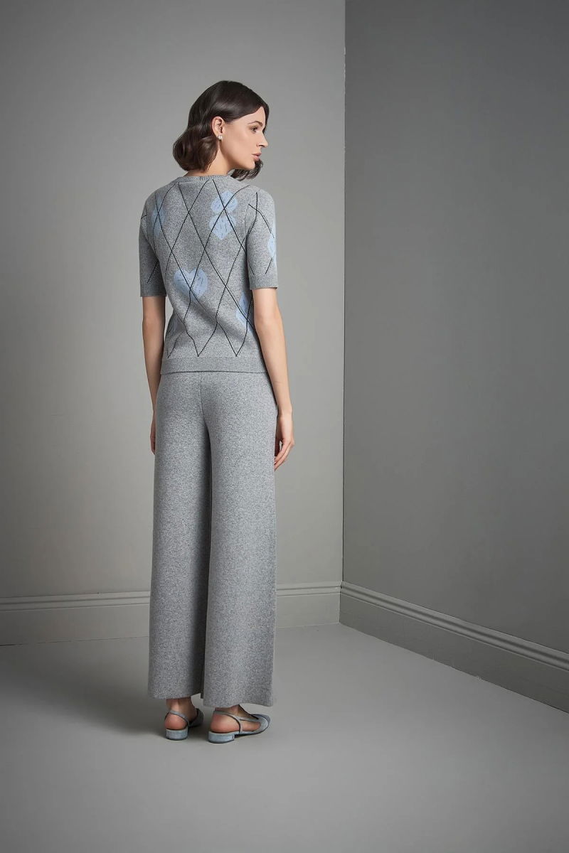 Join Us Kadın Baklava Desenli Taş Baskılı Triko Kazak W115 Gri - 5