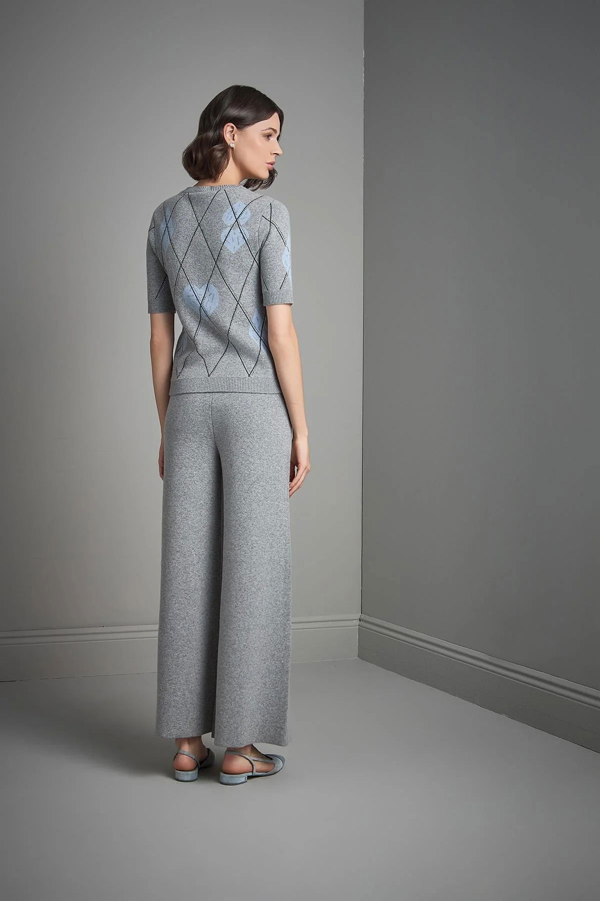 Join Us Kadın Baklava Desenli Taş Baskılı Triko Kazak W115 Gri - 5