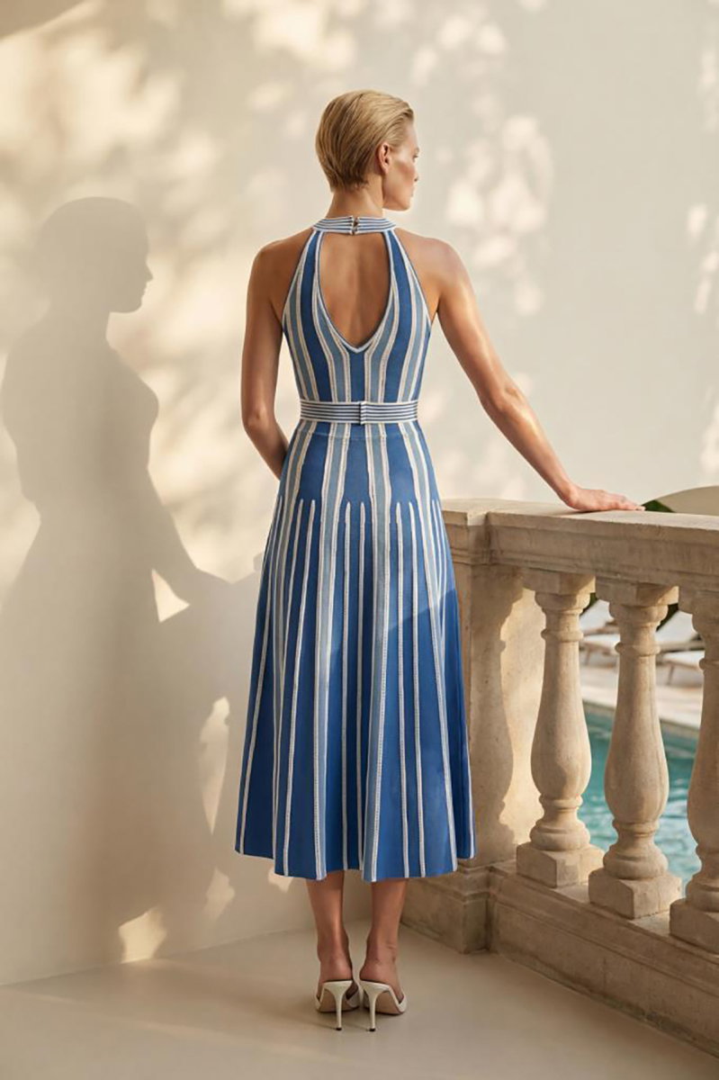 Join Us Kadın Beli Kemerli Halter Yaka Kloş Elbise S034 Mavi - 5