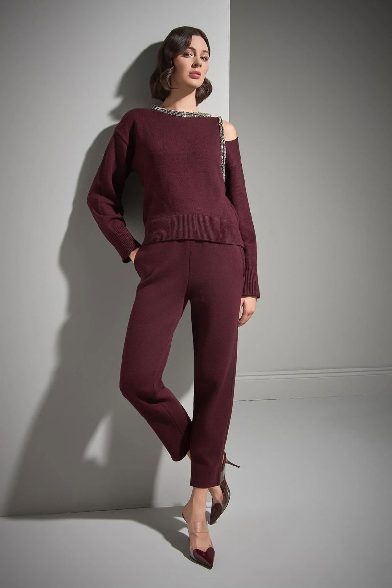 Join Us Kadın Beli Kordonlu Cepli Triko Pantolon W021 Bordo - 2