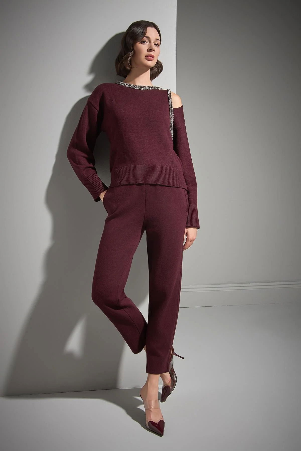 Join Us Kadın Beli Kordonlu Cepli Triko Pantolon W021 Bordo - 2