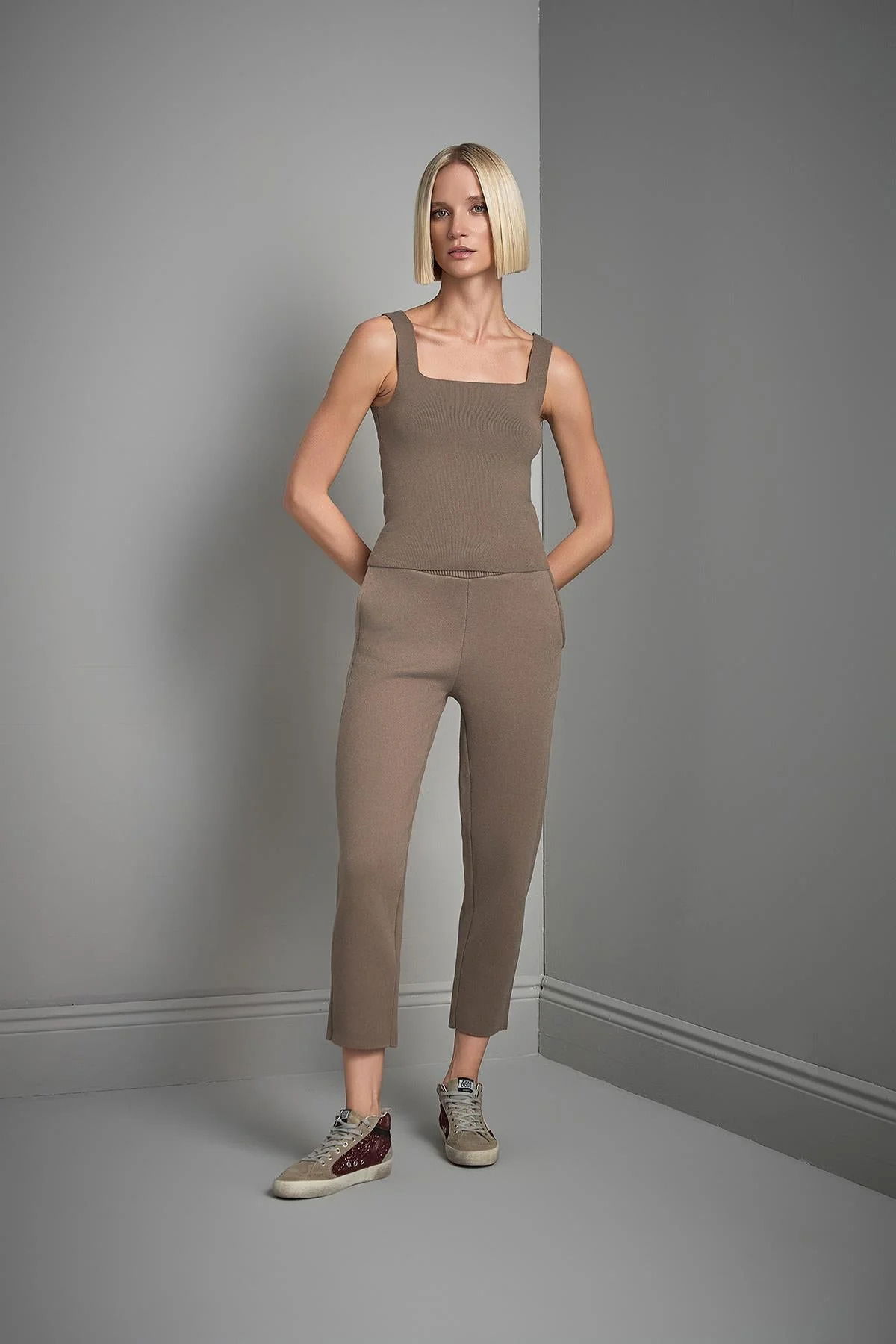 Join Us Kadın Beli Kordonlu Cepli Triko Pantolon W021 Vizon - 1