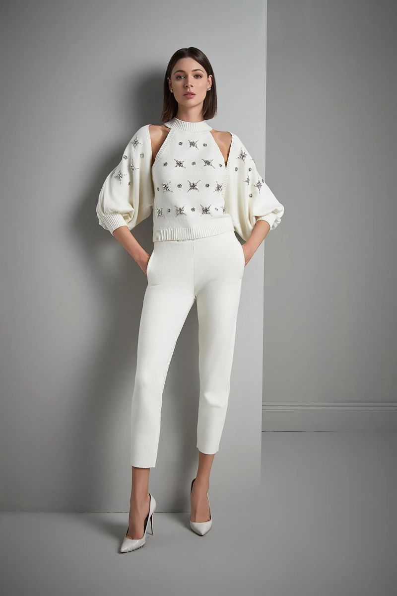 Join Us Kadın Beli Kordonlu Cepli Triko Pantolon W215 Ekru - 3