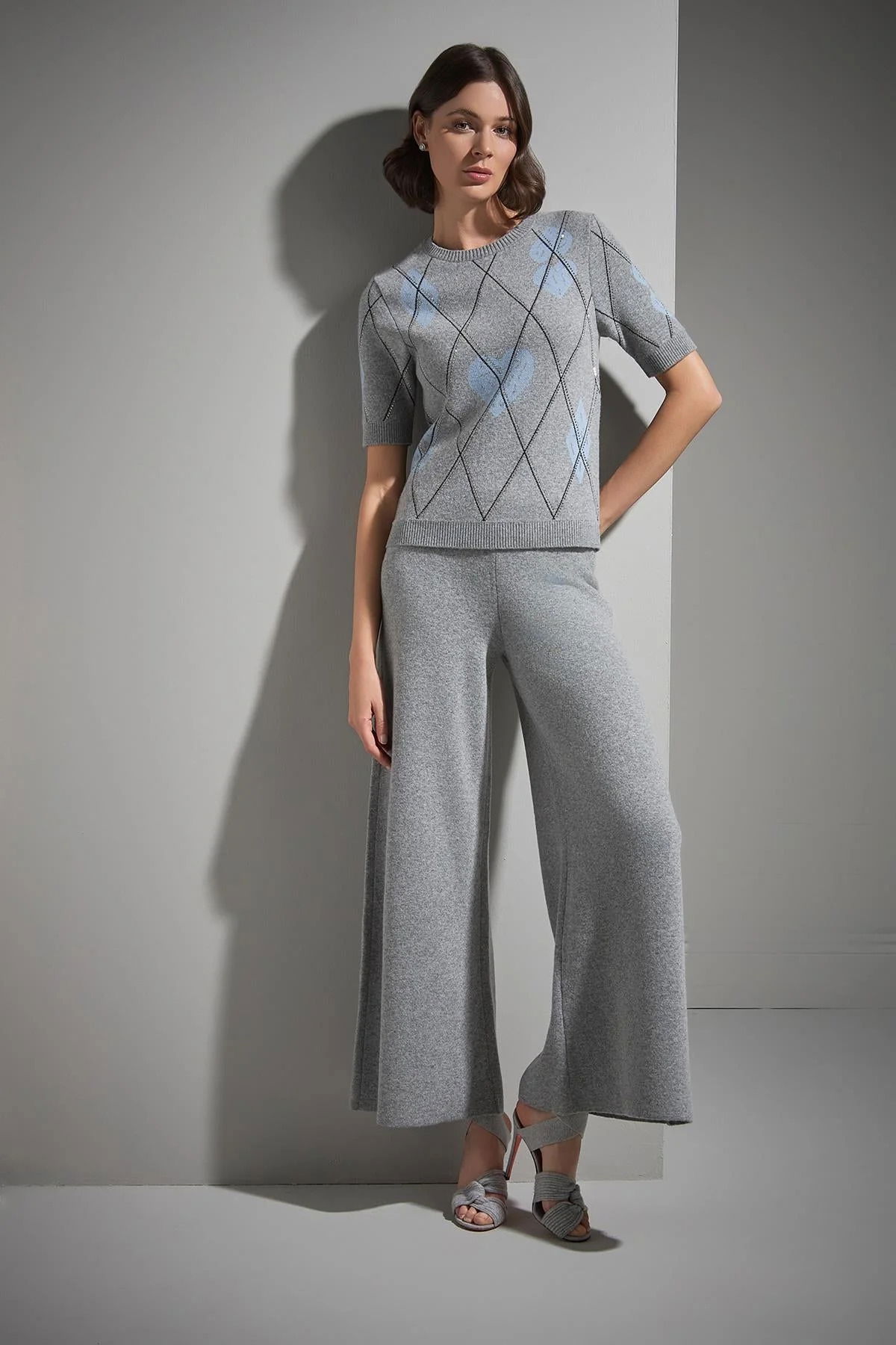 Join Us Kadın Beli Lastikli Bol Paça Triko Pantolon W128 Gri - 1