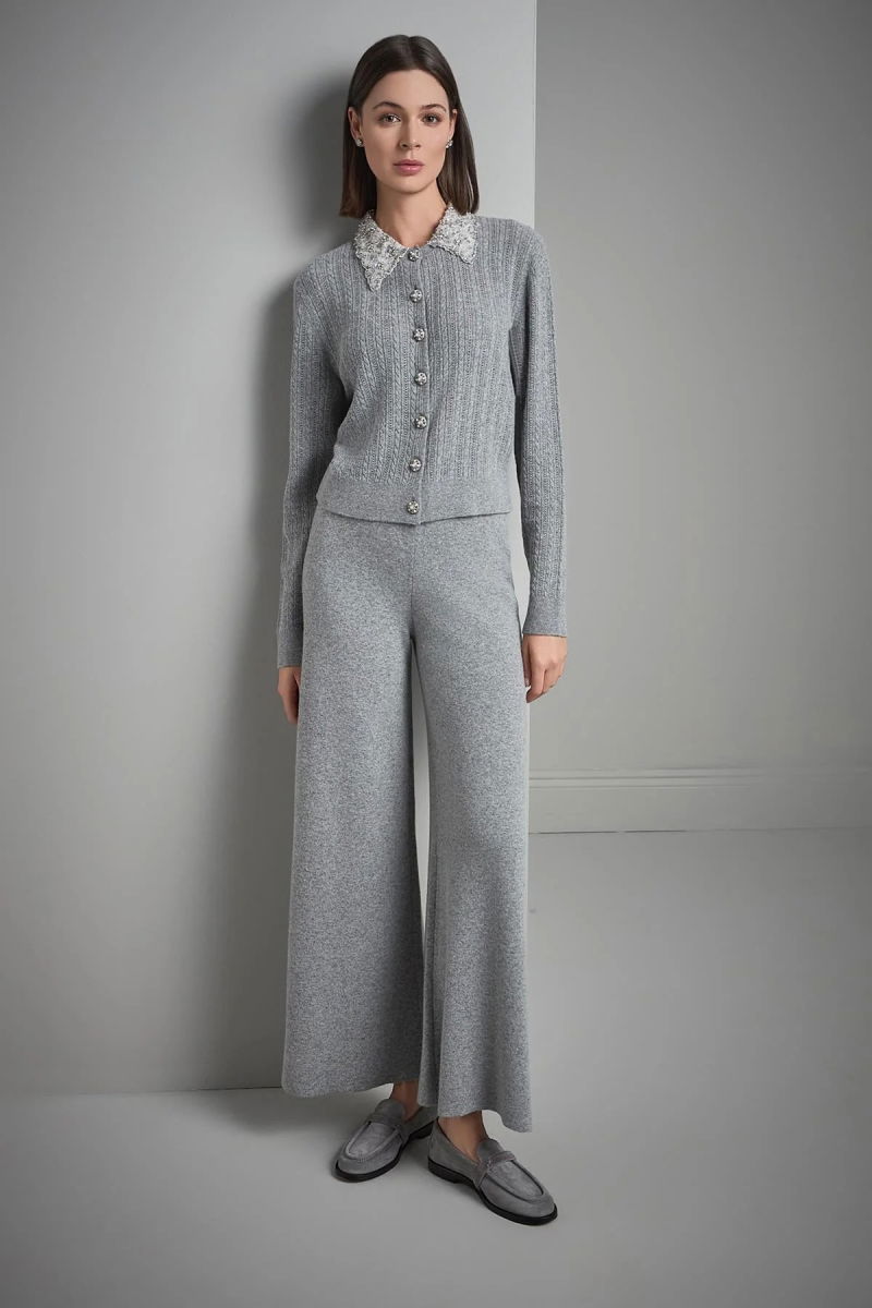 Join Us Kadın Beli Lastikli Bol Paça Triko Pantolon W128 Gri - 3