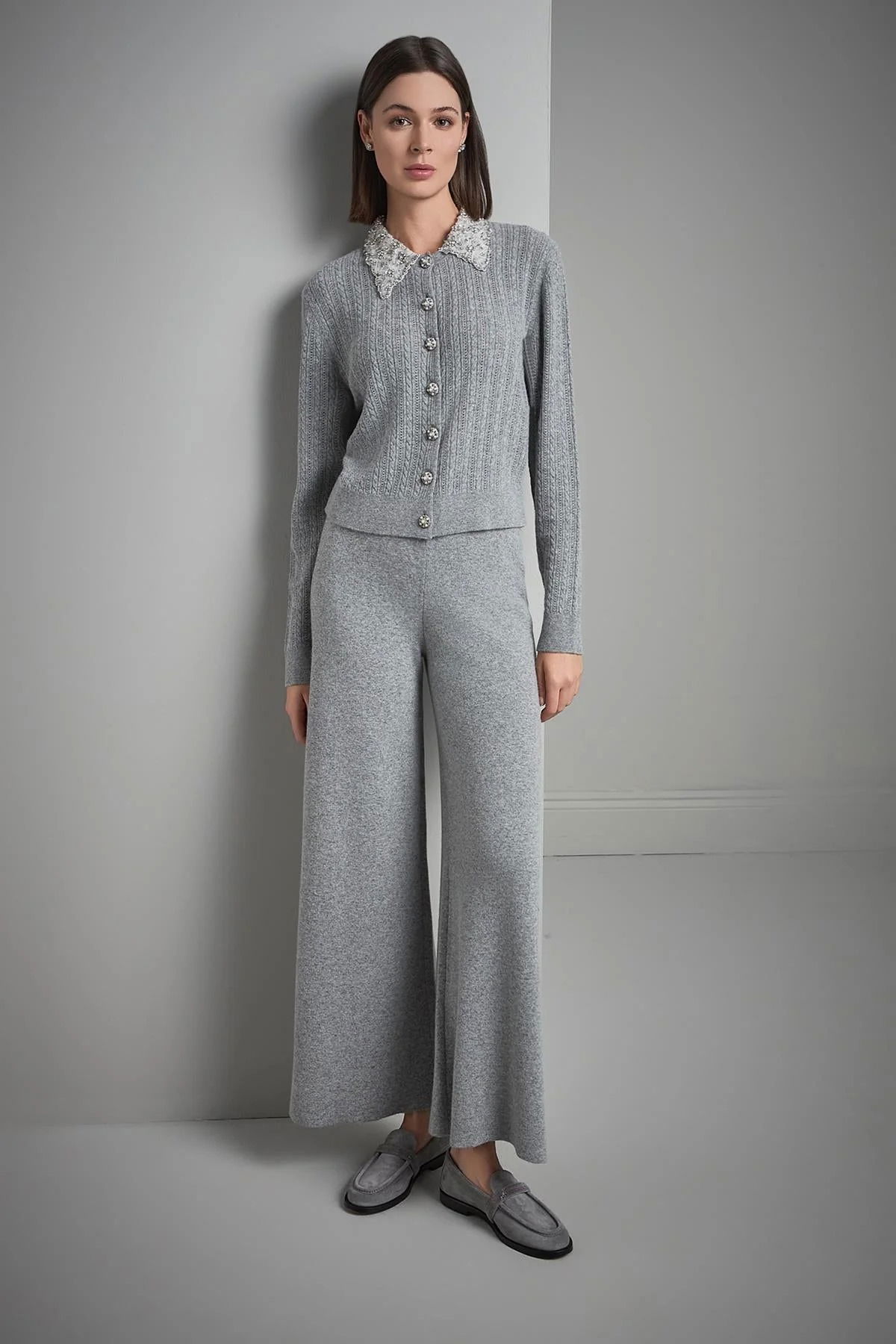 Join Us Kadın Beli Lastikli Bol Paça Triko Pantolon W128 Gri - 3