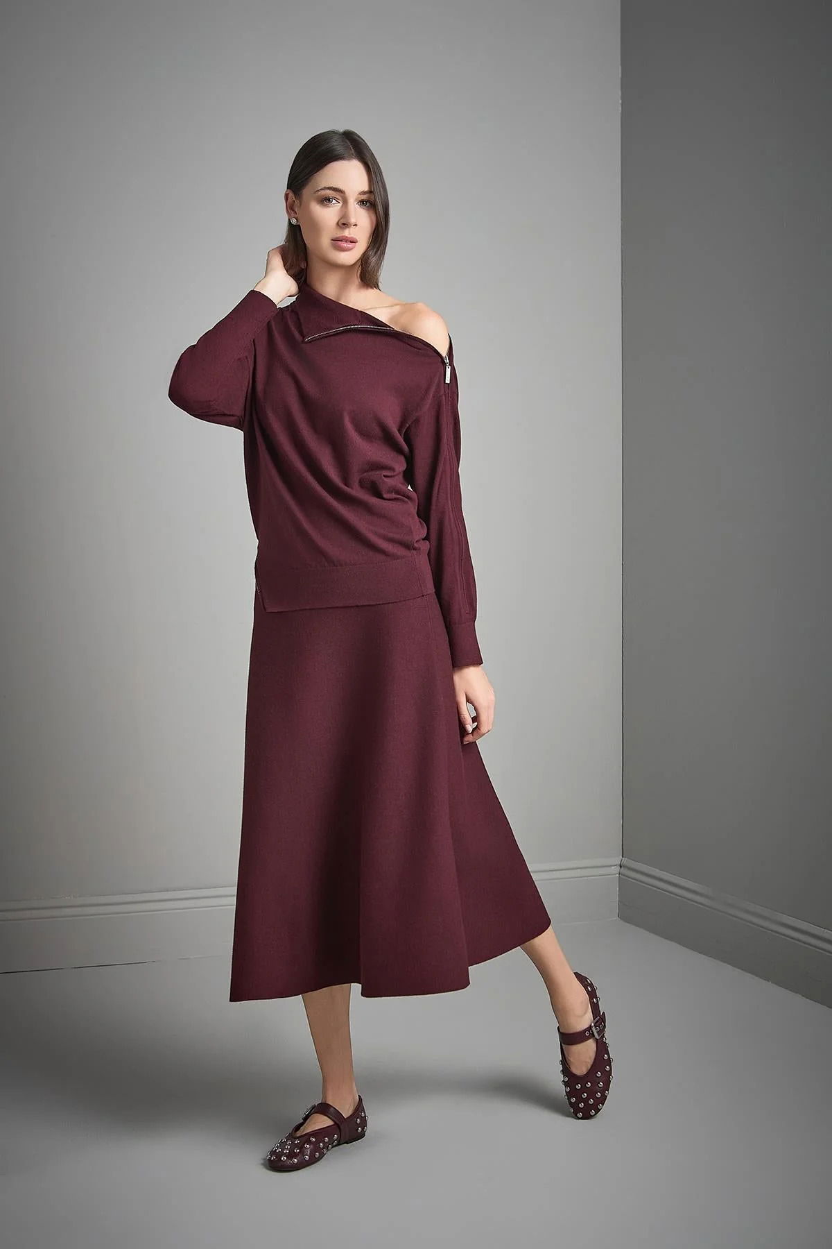 Join Us Kadın Beli Lastikli Kloş Midi Triko Etek W050 Bordo - 1