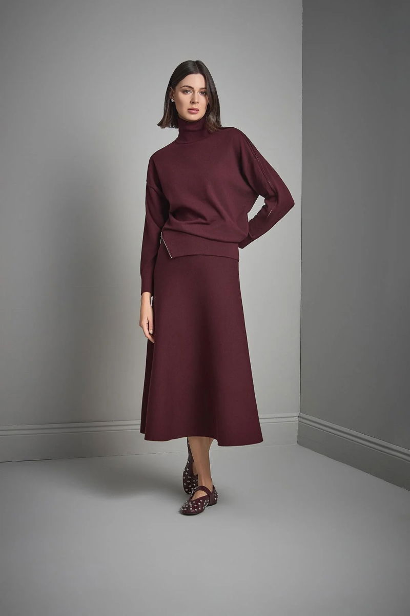 Join Us Kadın Beli Lastikli Kloş Midi Triko Etek W050 Bordo - 2