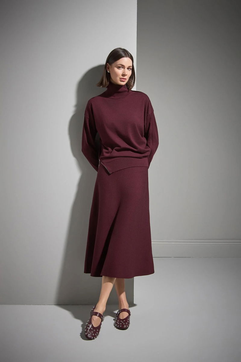 Join Us Kadın Beli Lastikli Kloş Midi Triko Etek W050 Bordo - 3