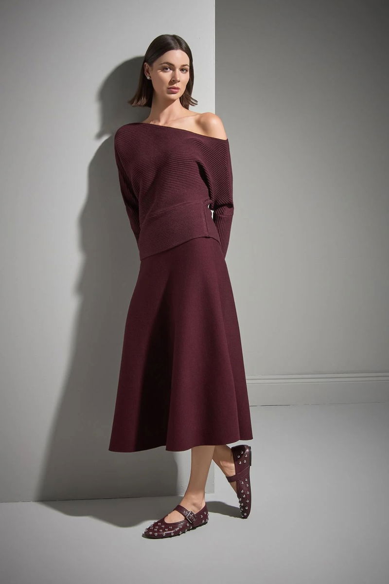 Join Us Kadın Beli Lastikli Kloş Midi Triko Etek W050 Bordo - 4