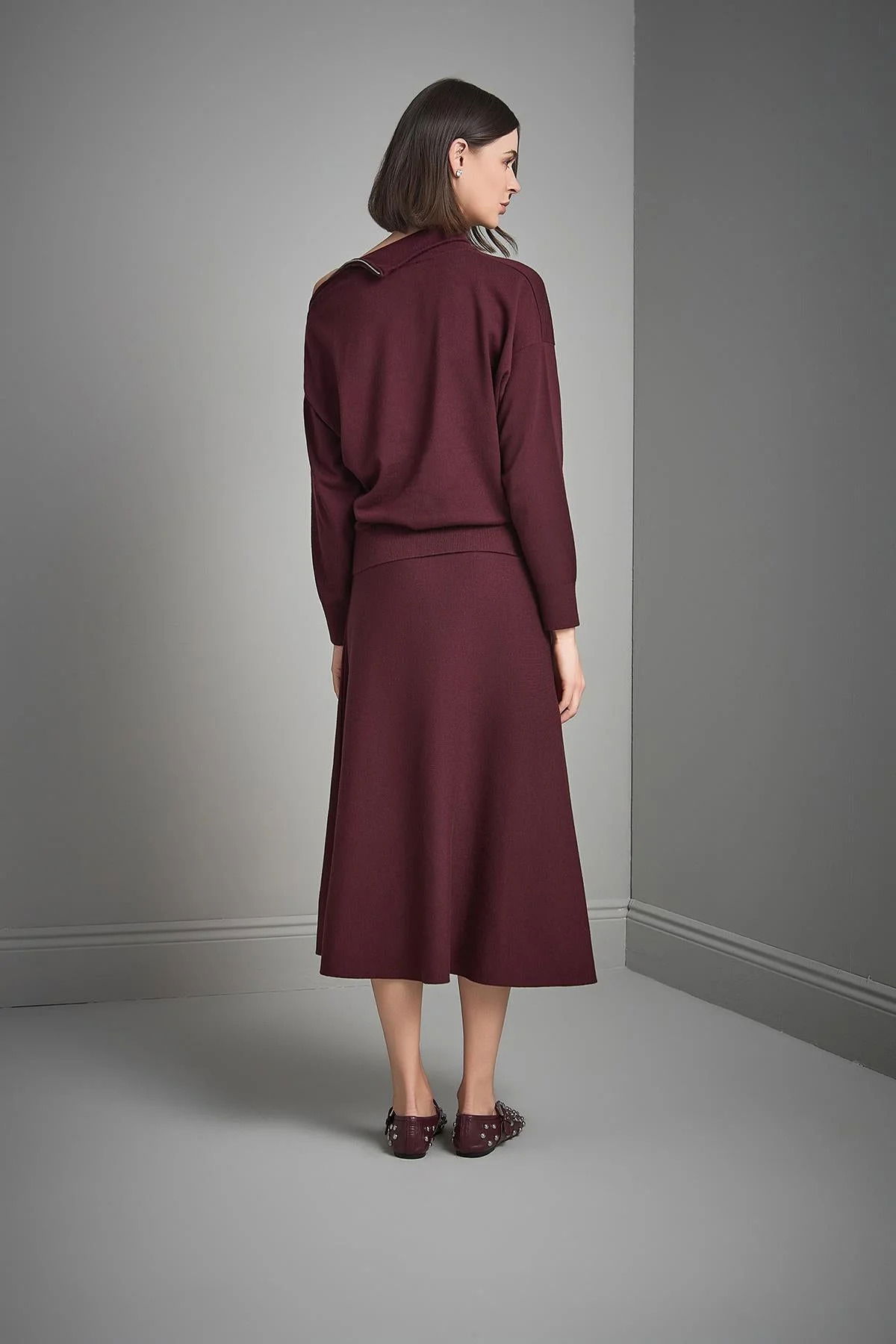 Join Us Kadın Beli Lastikli Kloş Midi Triko Etek W050 Bordo - 5