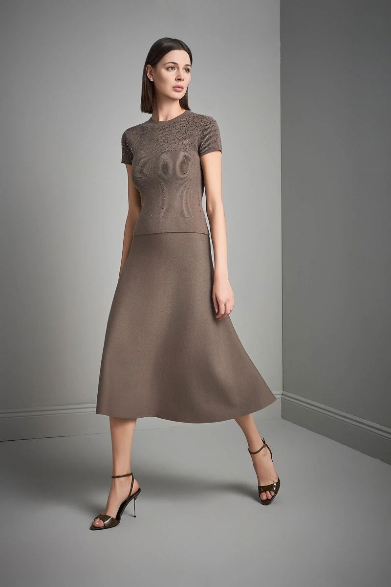 Join Us Kadın Beli Lastikli Kloş Midi Triko Etek W050 Kahverengi - Join Us