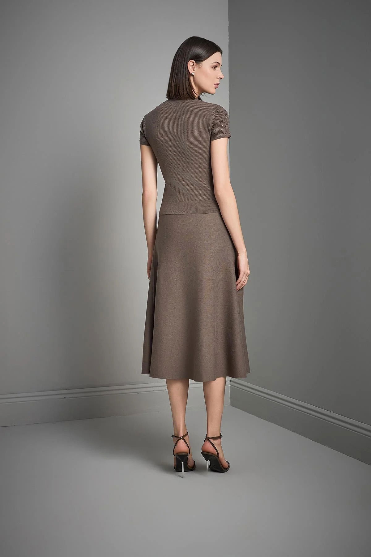 Join Us Kadın Beli Lastikli Kloş Midi Triko Etek W050 Kahverengi - 5