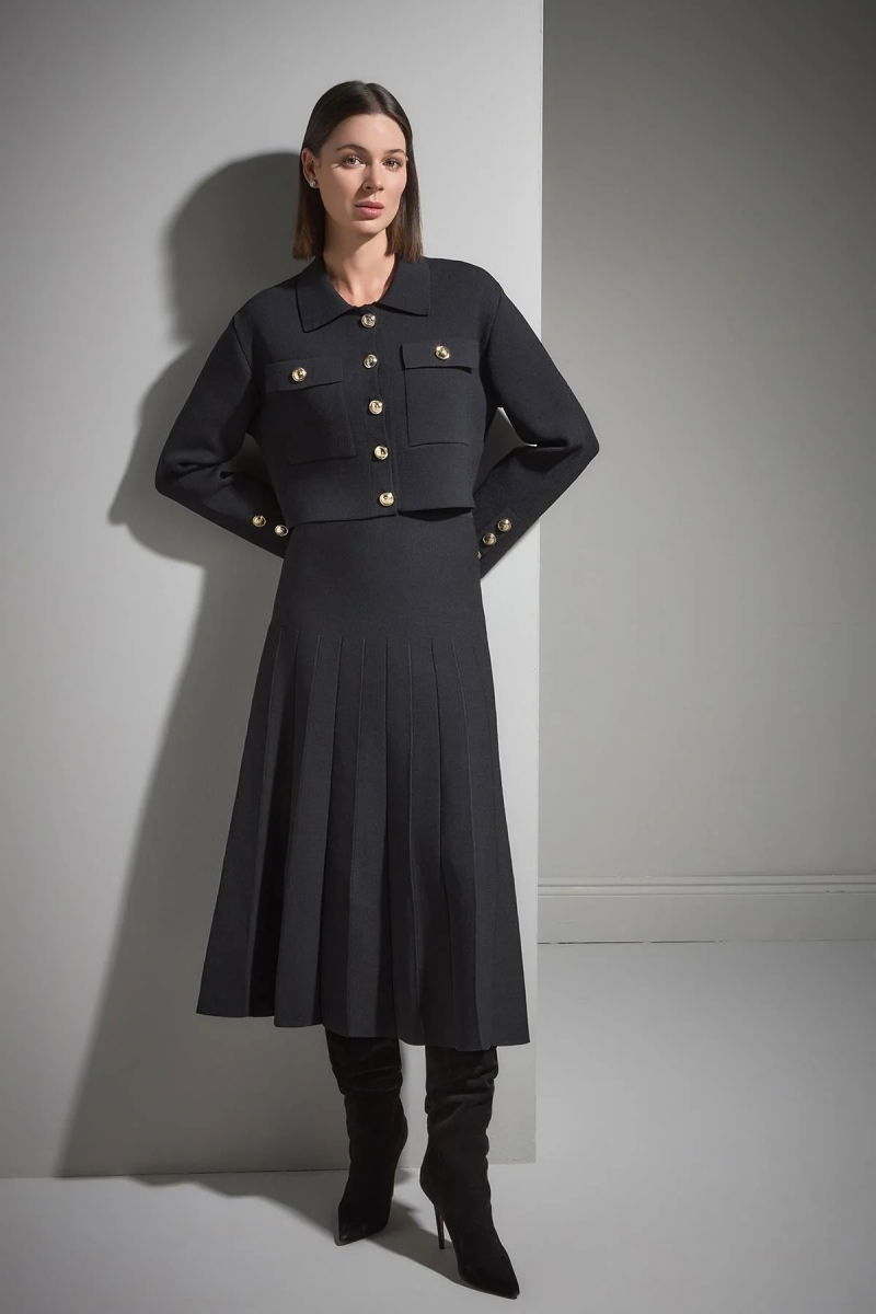 Join Us Kadın Beli Lastikli Pileli Triko Etek W092 Siyah - 3