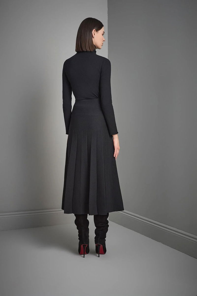 Join Us Kadın Beli Lastikli Pileli Triko Etek W092 Siyah - 5