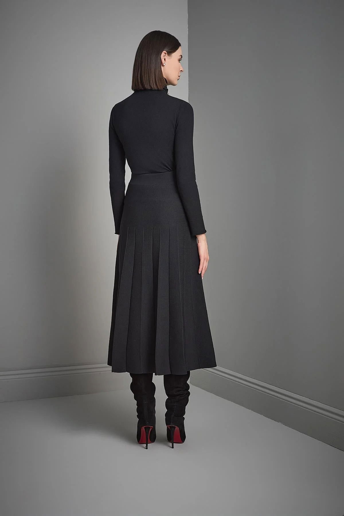 Join Us Kadın Beli Lastikli Pileli Triko Etek W092 Siyah - 5