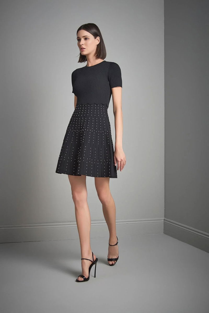 Join Us Kadın Bisiklet Yaka Trok Baskılı Triko Elbise W047 Siyah - Join Us