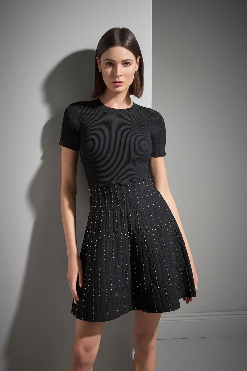 Join Us Kadın Bisiklet Yaka Trok Baskılı Triko Elbise W047 Siyah - 2