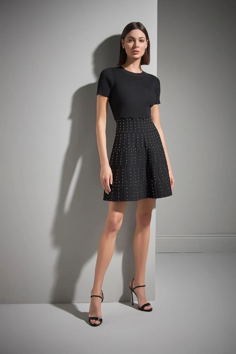 Join Us Kadın Bisiklet Yaka Trok Baskılı Triko Elbise W047 Siyah - 3